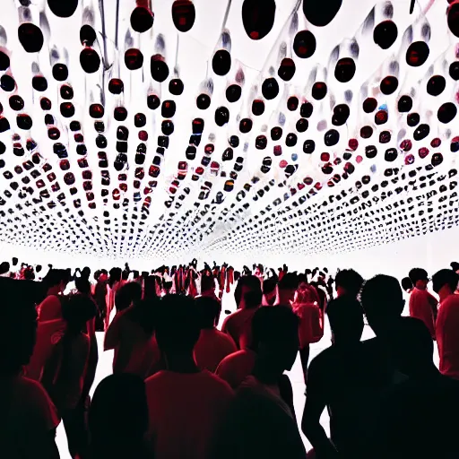 Image similar to night club, five red chinese lanterns, people's silhouettes close up, wearing white t - shirts that glow in the dark, minimalism, dark