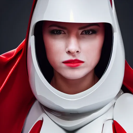 Image similar to headshot of a beautiful female soldier, no makeup, in glossy sleek white armor and a long red cape, head tilted upwards, determined expression, no helmet, on the surface of mars, cinematic, sci-fi, hyperrealistic, detailed