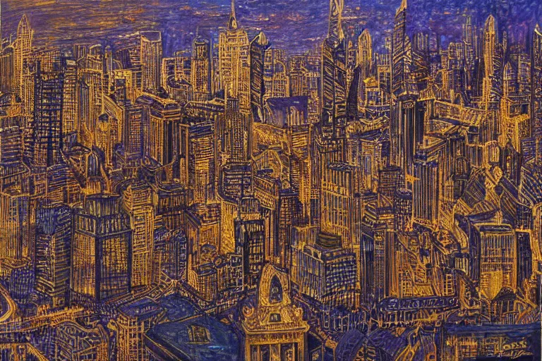 Prompt: city of golden shadows, intricate detailed painting, cityscape