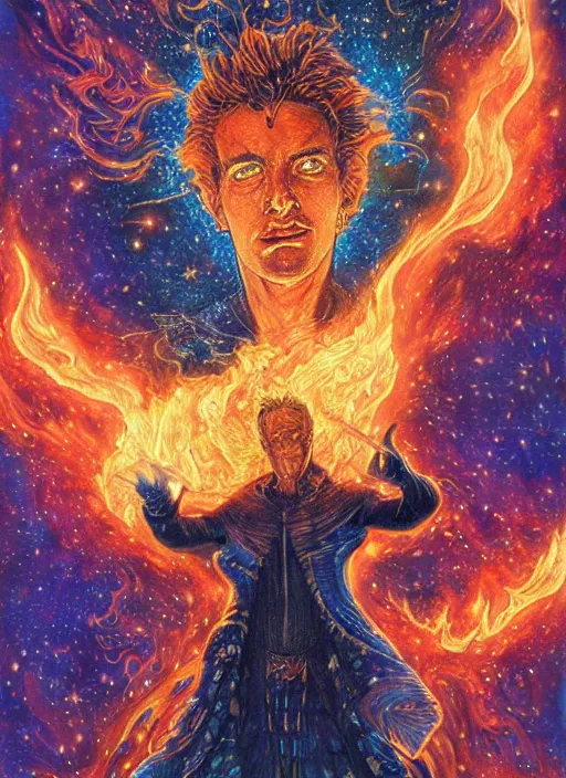 Prompt: high intricate colored ink drawing of the sandman holding a glimmering fire - galaxy, full shot, neil gaiman, maria panfilova, andrea savchenko, mike kime, ludovic plouffe, qi sheng luo, oliver cook, julian calle, eddie mendoza, trending on artstation