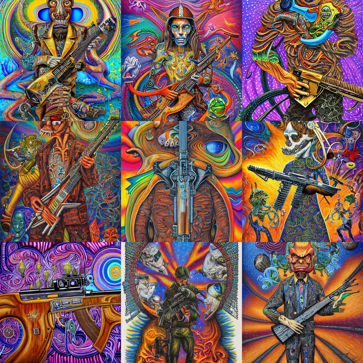 Prompt: AK-47 painting by aaron brooks, chris dyer, android jones, and alex grey, highly detailed, high quality, high definition