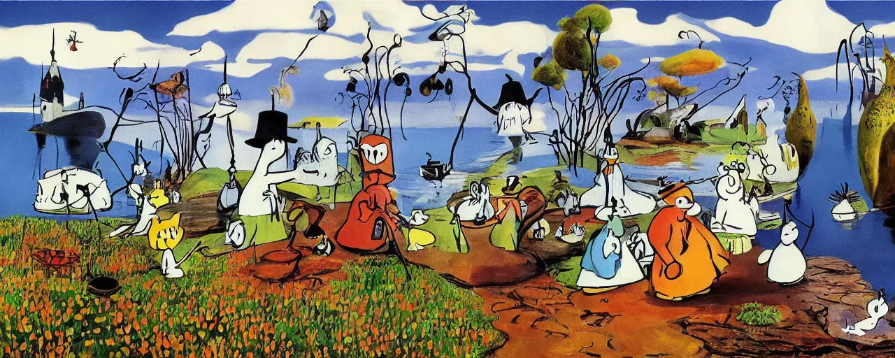 Image similar to the moomins in moominvalley, salvador dali painting, very detailed!, high quality, 4 k