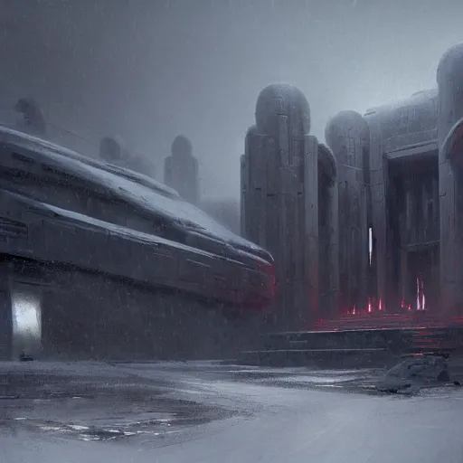 Image similar to star wars concept art by greg rutkowski, a brutalist - looking and imposing temple in the middle of a snowy, dark and hostile landscape, strong blizzards, poor lighting, evil atmosphere, artstation hq.