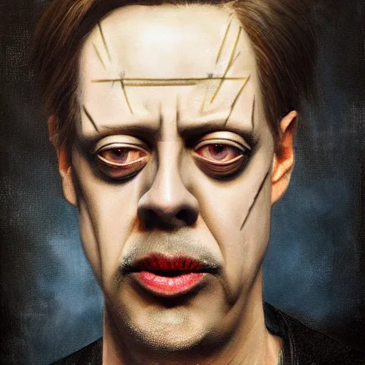 Prompt: hyperrealistic mixed media high resolution painting of (Steve Buscemi) disguised as !!Hellraiser!!, stunning 3d render inspired art by Jamie Salmon and István Sándorfi and Greg Rutkowski, perfect facial symmetry, dim volumetric lighting, 8k octane beautifully detailed render, full body shot, post-processing, extremely hyper-detailed, intricate, epic composition, highly detailed attributes, highly detailed atmosphere, cinematic lighting, masterpiece, trending on artstation, very very detailed, masterpiece, stunning, flawless completion, lifelike texture, perfection,