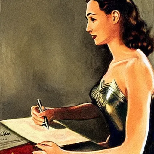 Prompt: 1950 painting of Gal Gadot writing a letter