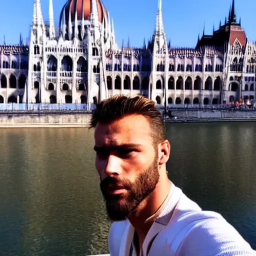 Image similar to Gigachad taking a selfie with the hungarian Parliament, 4k, selfie,