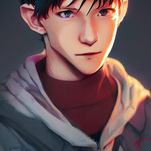 Image similar to anime portrait of Tom Holland as an anime boy by Stanley Artgerm Lau, WLOP, Rossdraws, James Jean, Andrei Riabovitchev, Marc Simonetti, and Sakimichan, trending on artstation