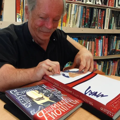 Image similar to cranbow jenkins, lord of the hambone, signing his new book called a man called cranbow