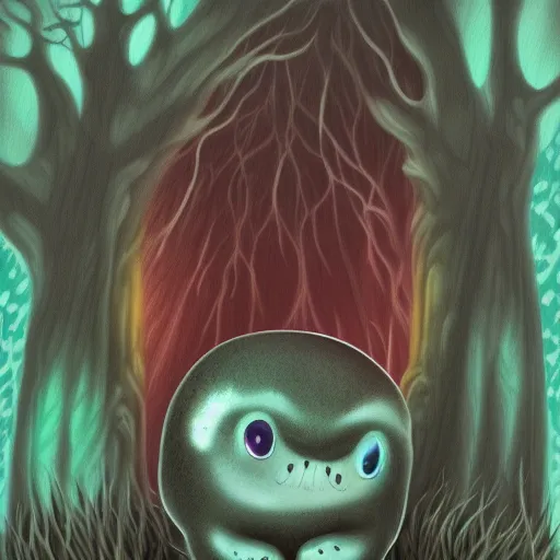 Prompt: Cuddly slime creature wandering a dark deep forest, Airbrush Style, Foggy, Moody, Horror