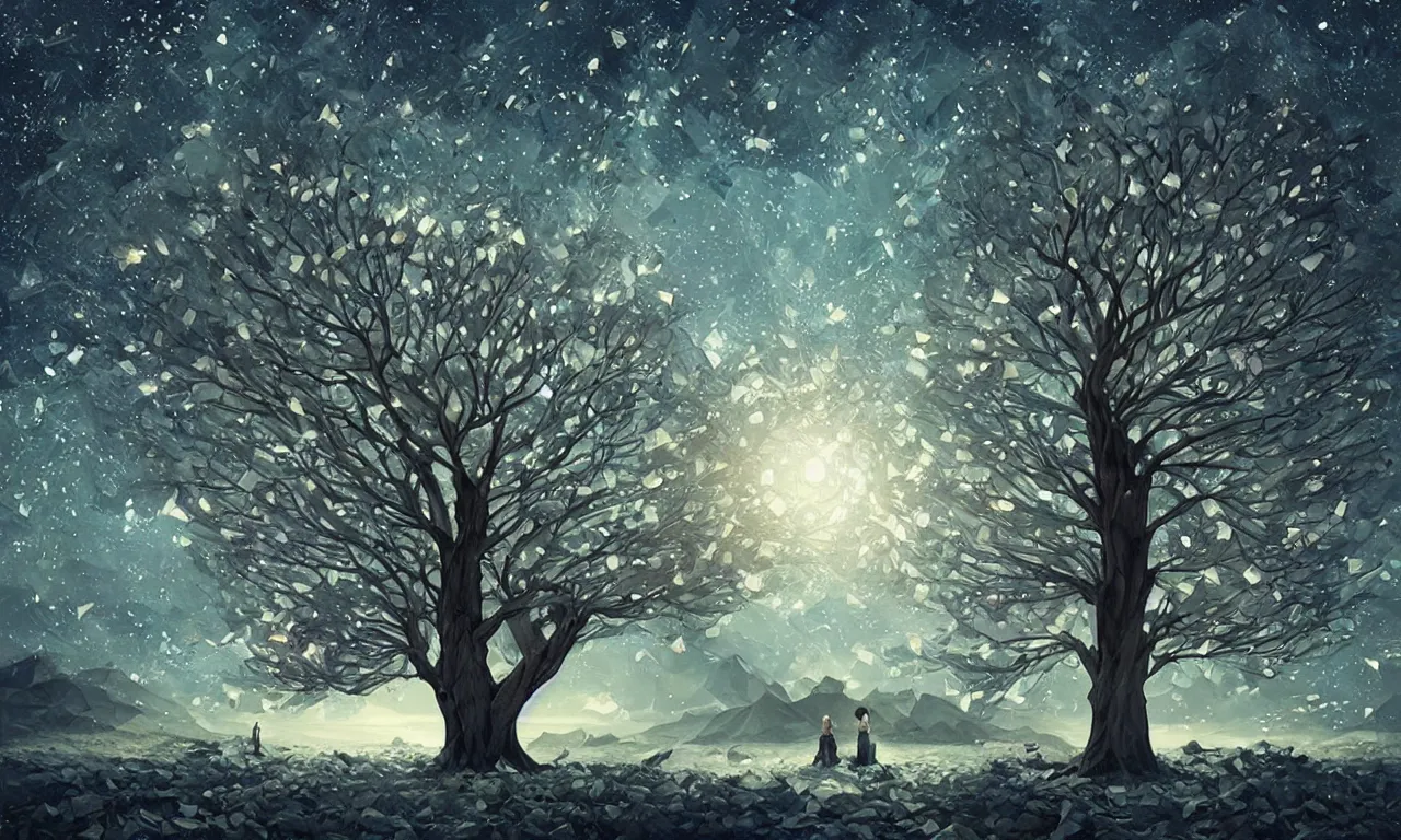 Image similar to a beautiful artwork of a tree with low poly crystal diamond leaves, starry night sky, translucid, pretty lights, pristine marble trunk, elegant, highly detailed, artstation, concept art, matte, sharp focus, art by tom bagshaw, kelogsloops and greg rutkowski