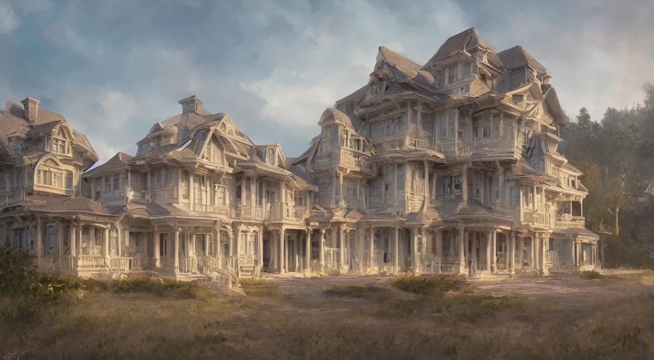 Prompt: a finely detailed view of a seaside mansion, masterpiece, 4k, digital illustration, by Mandy Jurgens and Małgorzata Kmiec