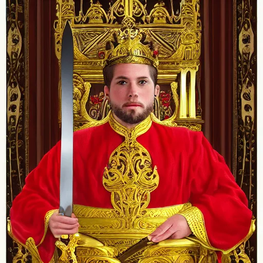 Prompt: modern self portrait of man sitting on throne, legs crossed, while holding a sword, white man, hispanic, brown hair, light skin, golden throne, red robes, 8 k, hi - rez, circles, lamented, clear, brown eyes, colored, sharp, realistic, 3 d