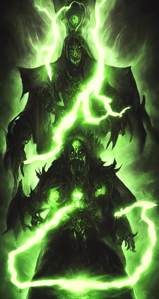 Image similar to illustration of dark priest holding green lightning, black halo, evil, power, green mist, scary, photorealistic, unreal engine, hellish background , Mtg , Dnd ,