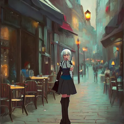 Prompt: Ciri in a cafe in Paris, digital art, by Makoto Shinkai