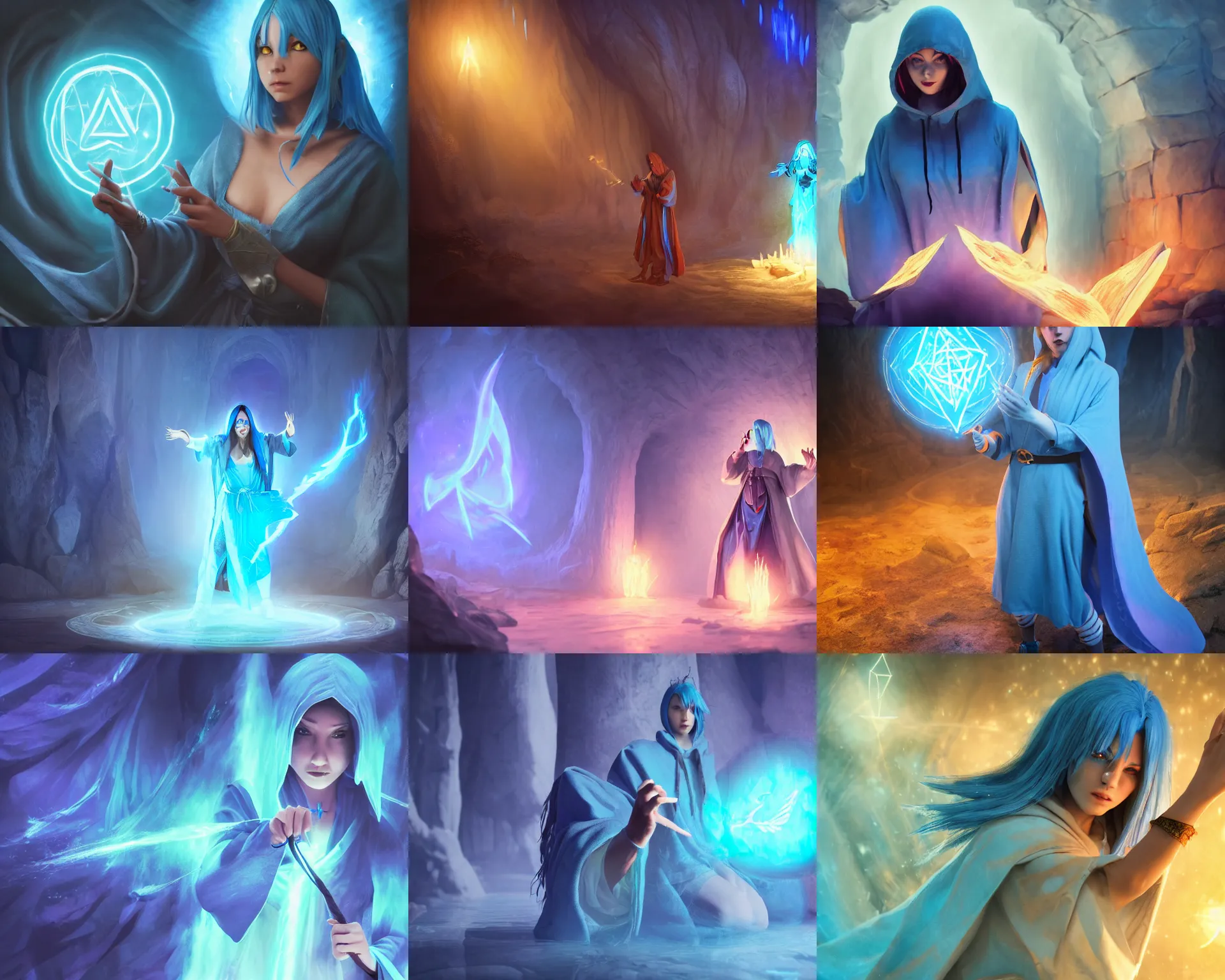 Prompt: blue haired female with hooded cult robes casting a magic spell, floating symbols, cave, dnd, rpg, cosplay, fantasy, artstation, cinematic composition, masterpiece, sharp focus, bright colors, matte, final fantasy, unreal engine highly rendered, global illumination, radiant light, intricate environment 8 k hd