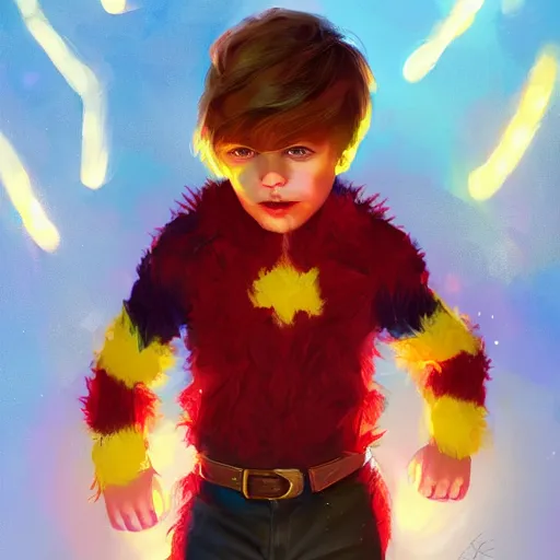 Image similar to colorful and festive captivating young child boy, brown fluffy hair, wearing red and yellow hero suit. full body, rich vivid colors, ambient lighting, dynamic lighting, 4 k, atmospheric lighting, painted, intricate, highly detailed by charlie bowater