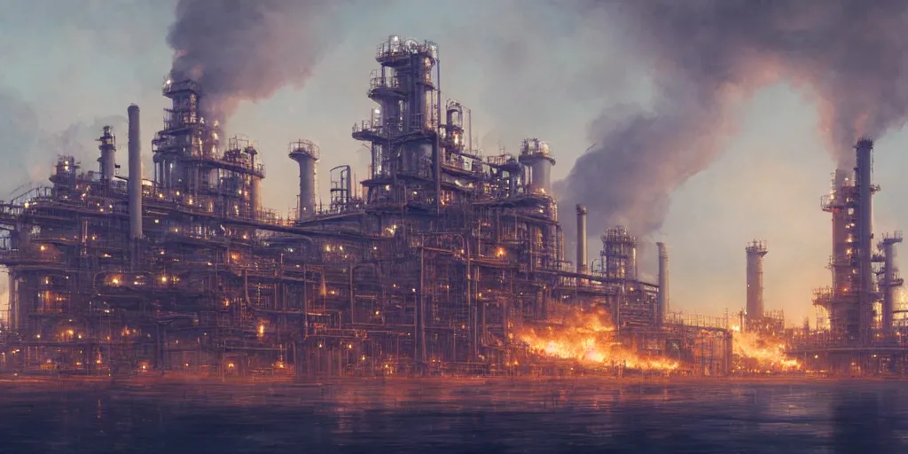 Image similar to detailed, gigantic refinery, smoke, torch, morning, science fiction, greg rutkowski, james gurney, artstation