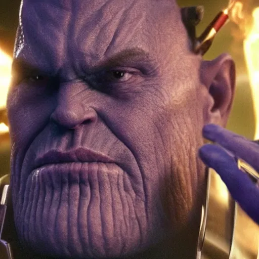 Image similar to a still from an avengers movie of thanos smoking a cigarette