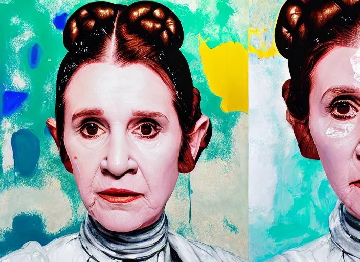 Prompt: portrait of princess leia, by vincent lefevre and hernan bas and pat steir and hilma af klint, psychological, photorealistic, dripping paint, washy brush, rendered in octane, altermodern, masterpiece