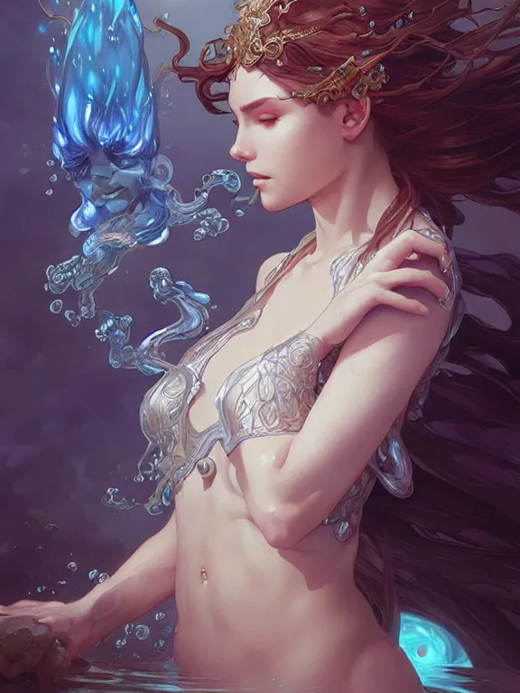 Image similar to summoner with a cute water elemental, fantasy, intricate, elegant, highly detailed, digital painting, artstation, concept art, wallpaper, smooth, sharp focus, illustration, art by artgerm and greg rutkowski and alphonse mucha