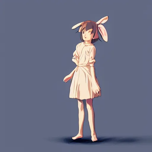 Image similar to little girl, wearing an bunny suit, artwork made by makoto shinkai, inspired in balthus, clean details, light color palette, candy, anatomically proportional, hd