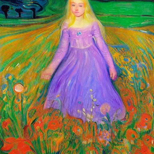 Image similar to by victor nizovtsev, by edvard munch ornamented. a computer art of a young girl with blonde hair, blue eyes, & a pink dress. she is standing in a meadow with flowers & trees.
