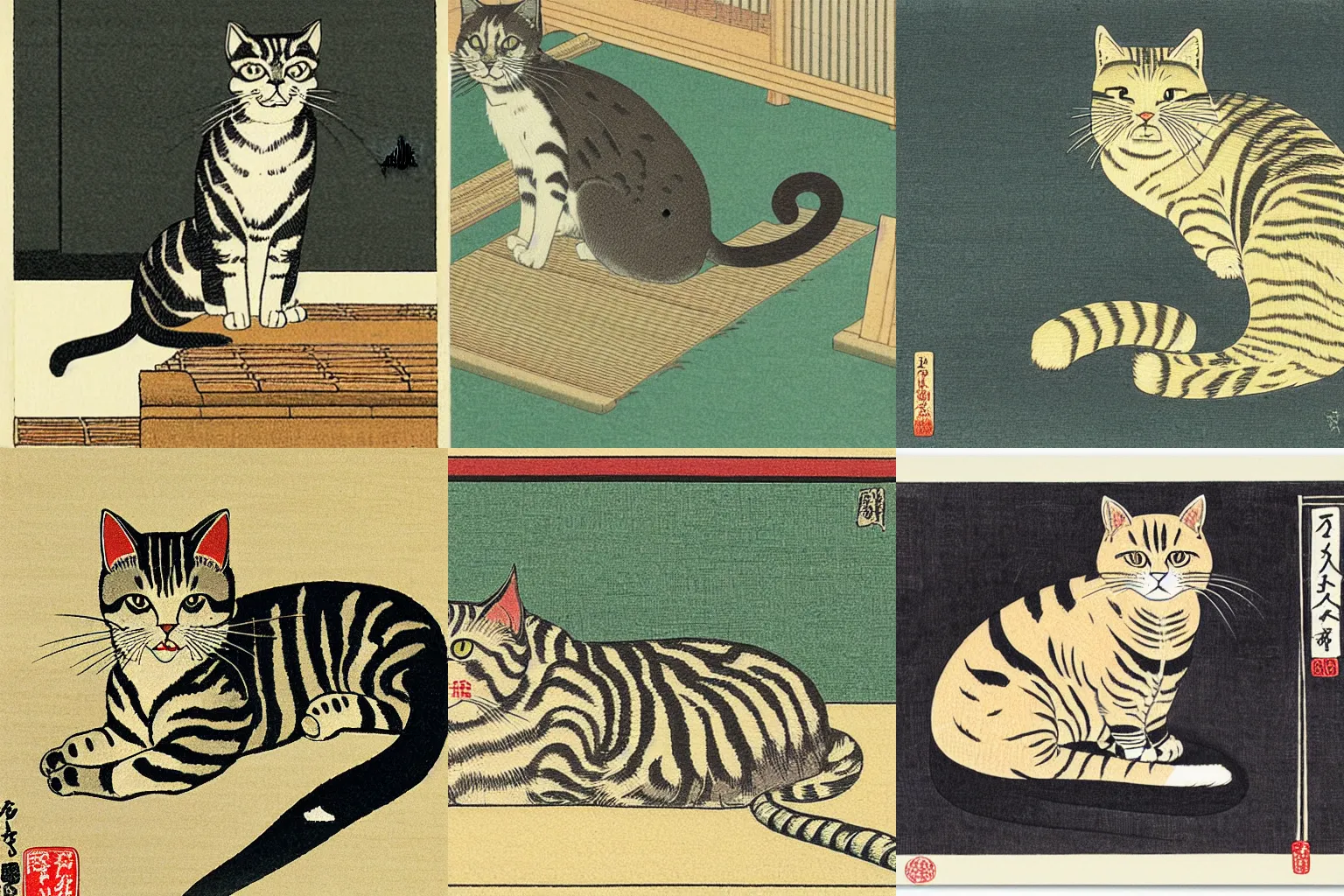 Prompt: Detailed portrait of a lazy tabby cat, woodblock print by Kawase Hasui