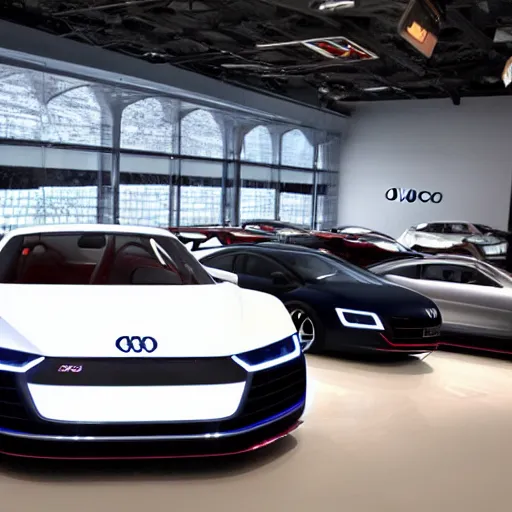 Image similar to a volkswagen audi r8 v10 concept car in a showroom :: Gran turismo concept art