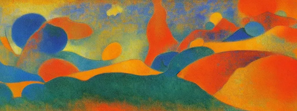 Image similar to An insane, modernist landscape painting. Wild energy patterns rippling in all directions. Curves, organic, zig-zags. Mountains, clouds. Rushing water. Waves. Psychedelic dream world. Odilon Redon. Matisse landscape painting.