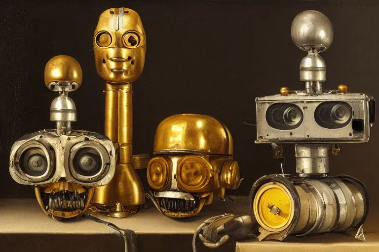 Prompt: still life painting of old vintage robot heads by pieter claesz, oil on canvas, strong lighting, highly detailed, hyper realism, golden hour, god rays, hd, 4 k