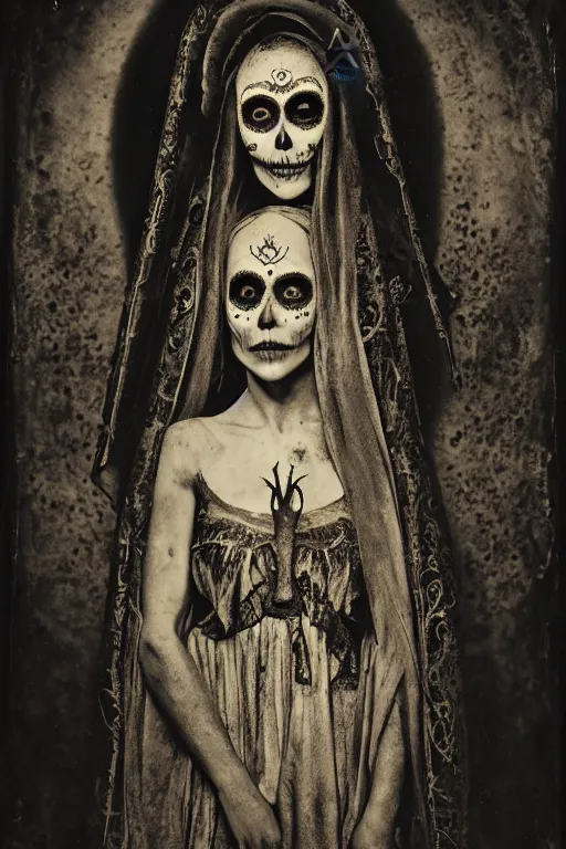 Image similar to photogravure, tintype virgin mary in dia de muertos dress and make up, horrific beautiful vibe, evocative, atmospheric lighting, painted, intricate, highly detailed, leesha hannigan, wayne haag, reyna rochin, ignacio fernandez rios, mark ryden, iris van herpen, stunning, gorgeous, sharp focus, cinematic, masterpiece