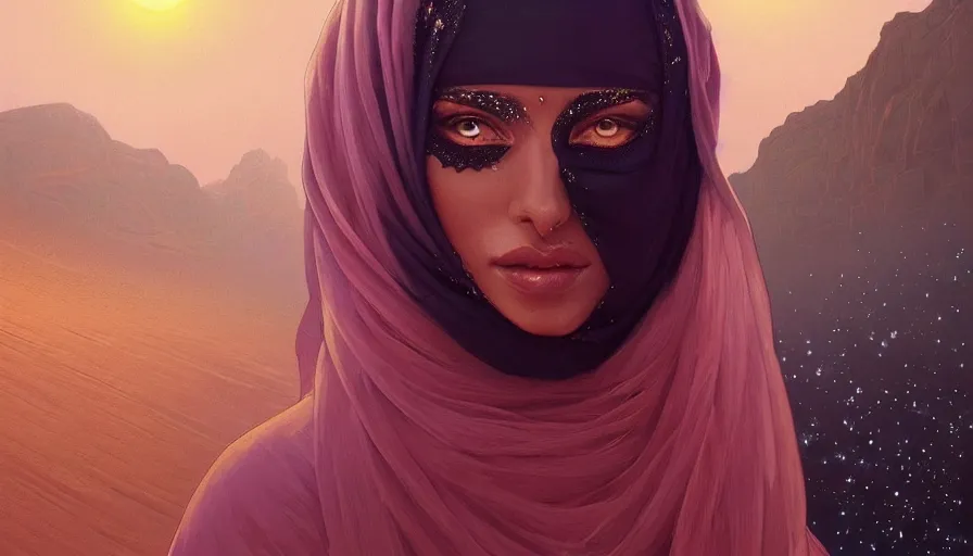 Image similar to Portrait of very very very very very very beautiful Arab woman wearing a Niqab, glowing magical eyes, energy trails, under giant full moon in the desert, intricate, elegant, highly detailed, digital painting, artstation, concept art, smooth, sharp focus, illustration, art by artgerm and greg rutkowski and alphonse mucha