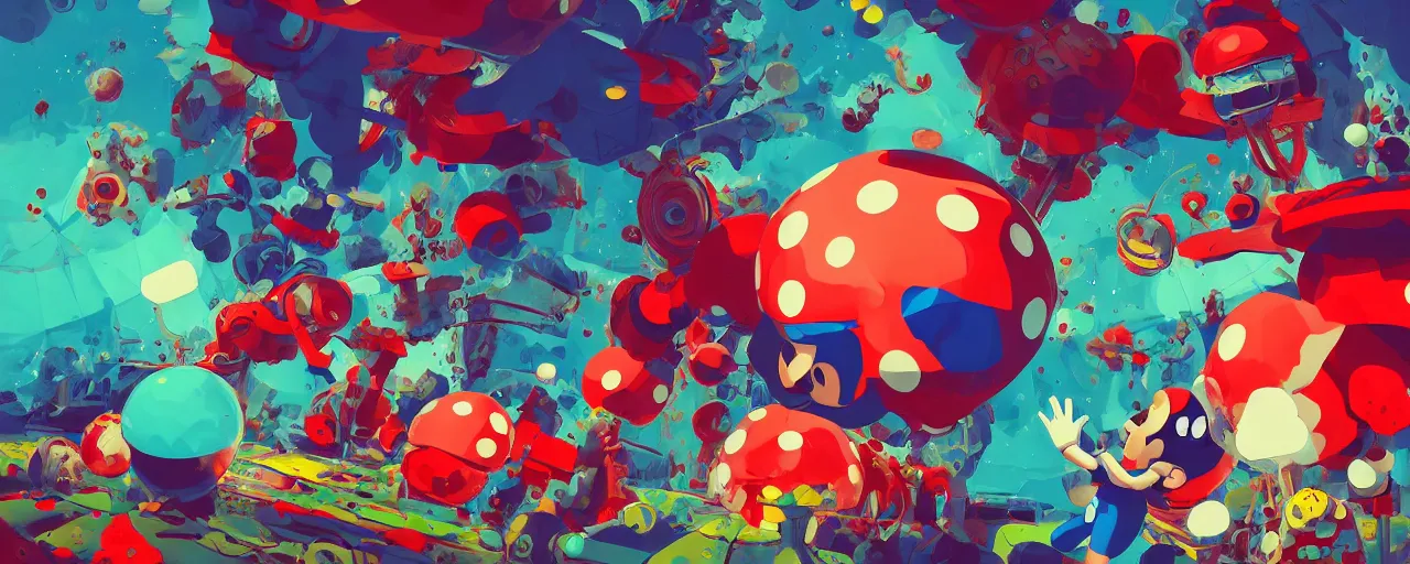 Prompt: duotone red blue green illustration 3 / 4 real life super mario is having psychedelic trip on mushrooms shamanic atmosphere chemical molecules formulas in the background. accidental renaissance fractals. by sachin teng and sergey kolesov and ruan jia and heng z. graffiti art, scifi, fantasy, hyper detailed. octane render. concept art. trending on artstation