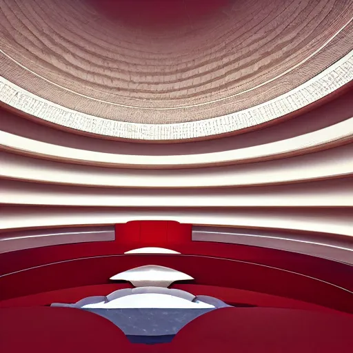 Image similar to interior of a futuristic lotus temple with gold, red and white marble panels, in the desert, by buckminster fuller and syd mead, intricate contemporary architecture, photo journalism, photography, cinematic, national geographic photoshoot