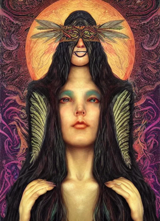 Image similar to Ayahuasca tripping cult magic psychic woman, subjective consciousness psychedelic, epic occult ritual symbolism story iconic, dark witch headdress, oil painting, robe, symmetrical face, greek dark myth, by John William Godward, Jason A Engle, Anna Dittman, masterpiece