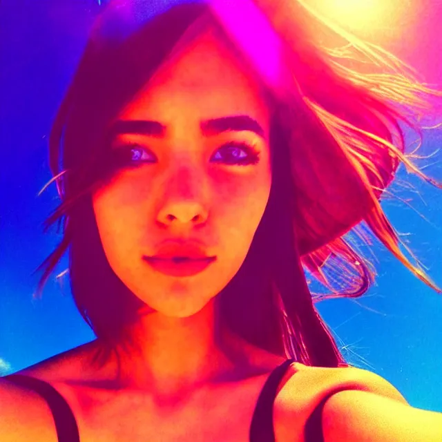 Prompt: a photo hot summer selfie one pretty girl instagram vibecheck face portrait bright colorful space love happy realistic cinematic lighting ultra detailed hyper realism photorealistic octane