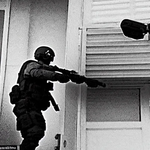 Image similar to security camera footage of swat team entering house, police breaking down door, cctv outside footage, armed police ambush, grainy film