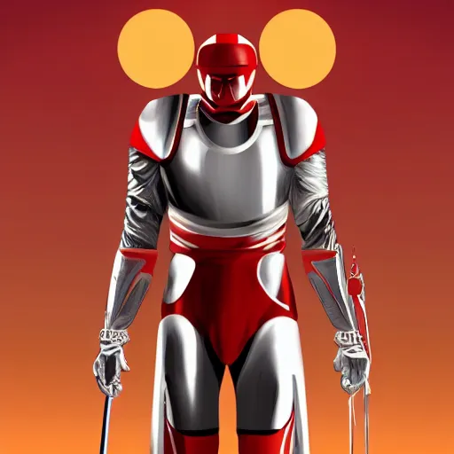 Image similar to portrait of a tall athletic muscular infantry man in glossy sleek white armor with tiny red details and a long red cape, heroic posture, on the surface of mars, night time, dramatic lighting, cinematic, sci-fi, hyperrealistic, movie still