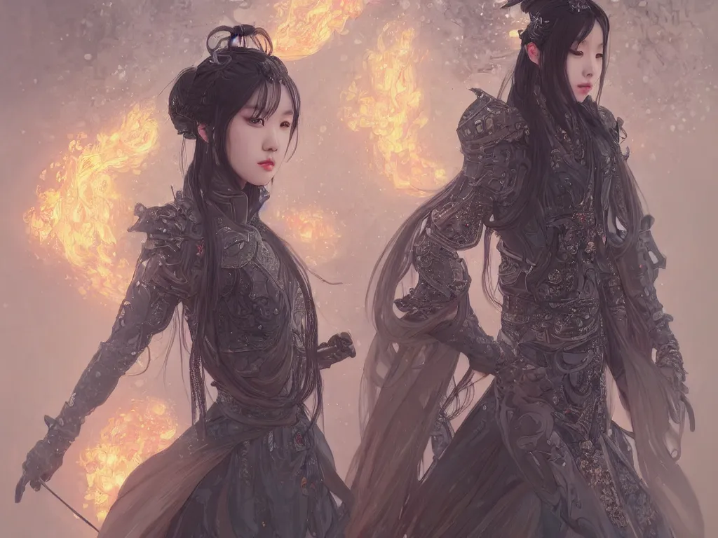 Image similar to portrait jisoo blackpink, grey hair armored samurai clothes, in fire japanese temple wet night, ssci - fi and fantasy, intricate and very very beautiful and elegant, digital painting, artstation, concept art, smooth, illustration, art by tian zi and wlop and alphonse mucha