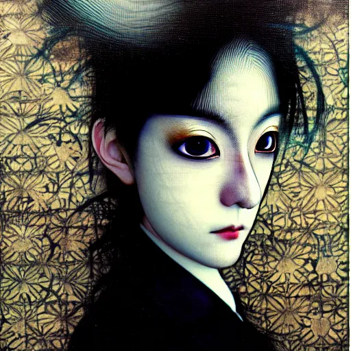 Image similar to yoshitaka amano blurred and dreamy realistic portrait of a woman with black eyes and white hair wearing dress suit with tie, junji ito abstract patterns in the background, satoshi kon anime, noisy film grain effect, highly detailed, renaissance oil painting, weird portrait angle, blurred lost edges, three quarter view