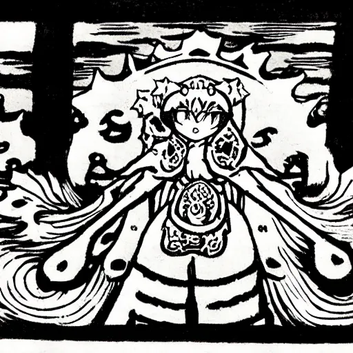 Image similar to Kyubey from Madoka Magica in the style of Japanese and European woodcuts