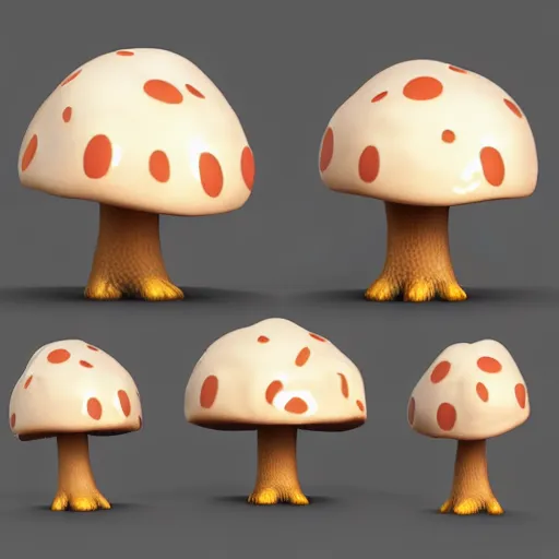 Prompt: cute mushroom character concept, 3d render, ortographic view