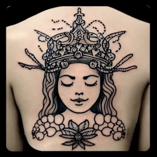 Image similar to a peaceful meditative mermaid wearing a crown, full body, highly detailed new school tattoo design