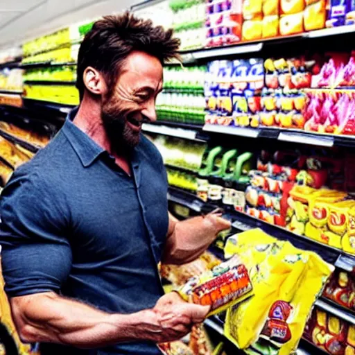 Prompt: photo of Hugh jackman wolverine grocery shopping