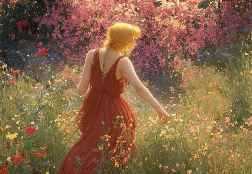 Prompt: a woman seen from behind from far away with copper hair and a flowing sundress surrounded by wildflowers, fine details by realistic shaded lighting poster by ilya kuvshinov katsuhiro otomo, magali villeneuve, artgerm, jeremy lipkin and michael garmash and rob rey, art nouveau, alphonse mucha, william - adolphe bouguereau, golden hour