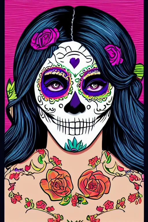 Image similar to illustration of a sugar skull day of the dead girl, art by joe mudureira