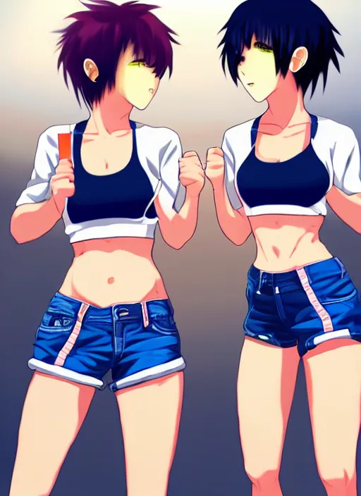 Image similar to two beautiful identical female fighters with short hair facing each other in gym, jean shorts, white top, dim lighting, gorgeous features, high resolution, detailed anime art