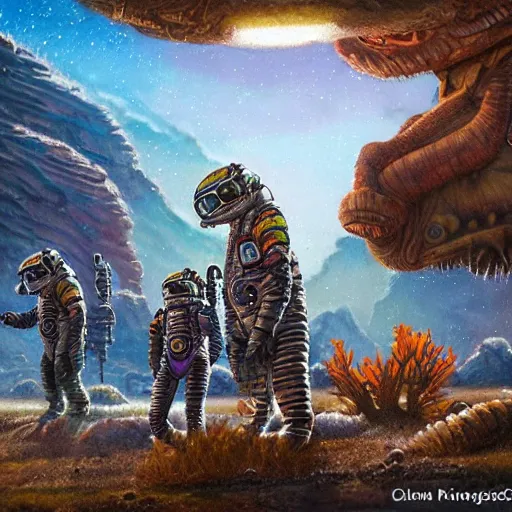 Image similar to astronauts land on ancient post - apocalyptic planet, jim henson creature shop, vivid and colorful, thomas kincaid, cinematic, oil painting, highly detailed, illustration