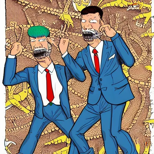 Image similar to detailed intricate colour illustration of businessmen in suits throwing up gang signs at a mecha dinosaur, in the style of Geof Darrow