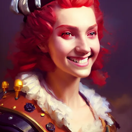 Image similar to portrait painting of a pirate queen age 2 5, bright and energetic, with a sweet smile and floofy hair, render cinematic lighting art 1 9 2 0 period drama by bussiere rutkowski andreas rocha